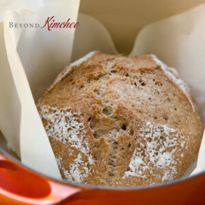 No Knead Bran Bread is baked beautifully in a dutch oven.