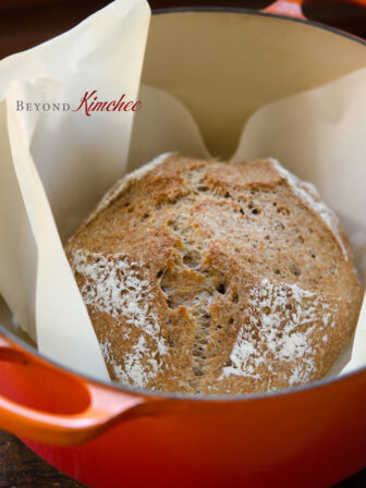 No Knead Bran Bread is baked beautifully in a dutch oven.