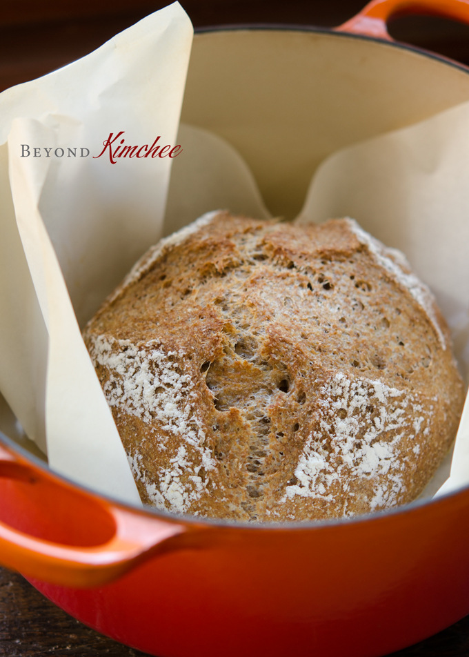 No Knead Bran Bread is baked beautifully in a dutch oven.