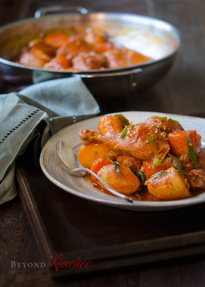Dakdoritang (Korean Chicken Stew) served on a large platter.