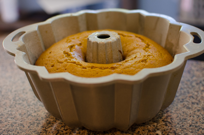 Pumpkin Cake is finished baking in a bundt pan to golden brown.