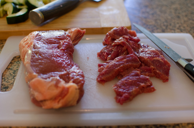Beef striploin is thinly sliced to make Korean sweet and sour beef.