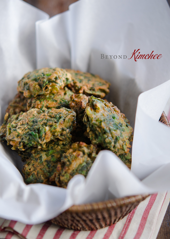 Golden crisp texture outside of these Swiss chard fritters are delicious snack