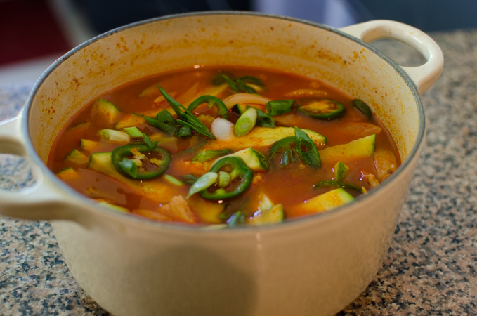 Gochujang jjigae in a pot.