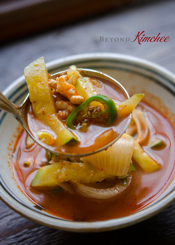 Pork and Zucchini Stew has spicy broth made with Korean chili paste and chili flakes