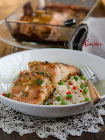 Soybean Paste Glazed Salmon is served with fried rice.