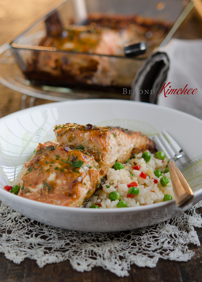 Soybean Paste Glazed Salmon is served with fried rice.