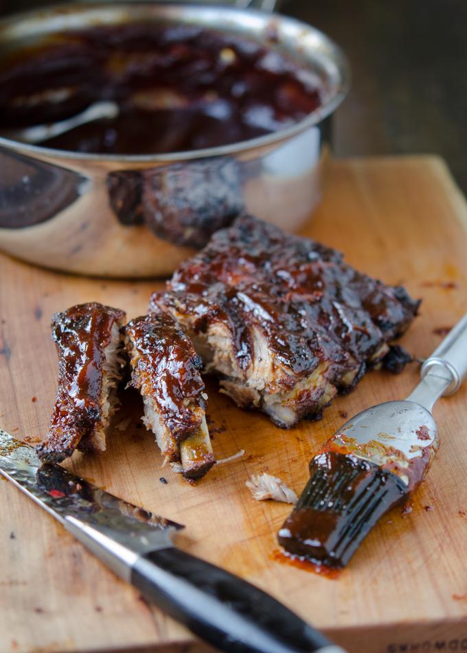 Homemade BBQ pork ribs with sticky sauce are fall-off the bone tender 