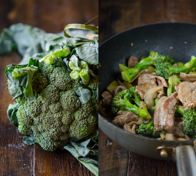 A head of broccoli is used to make beef and broccoli stir-fry.