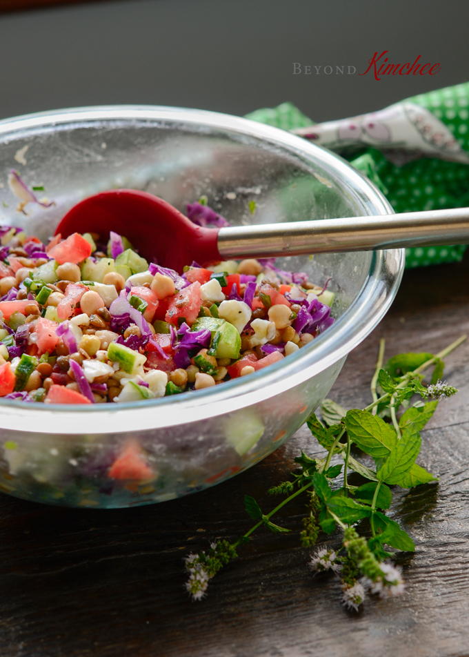 Chickpea lentil salad in a bowl.