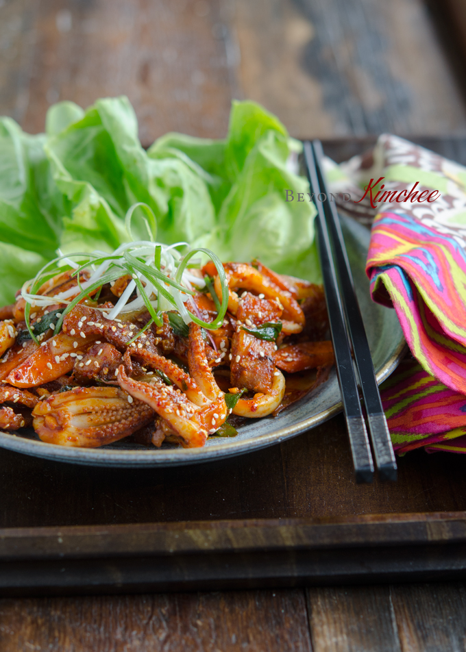 Serve Osam Bulgogi with rice and lettuce.