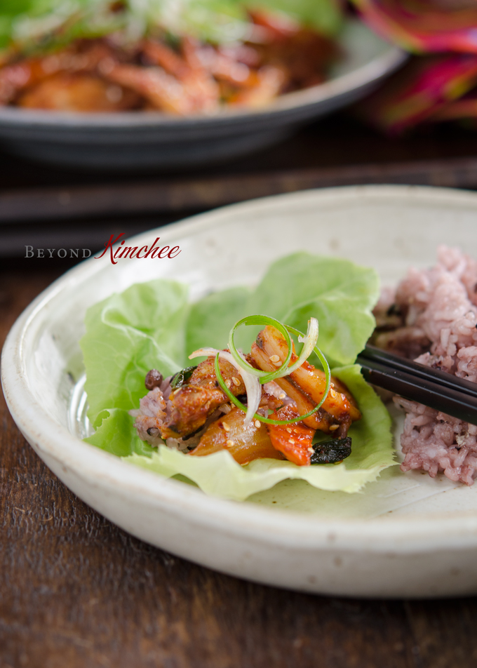Spicy pork belly and squid stir-fry makes a great lettuce wrap.