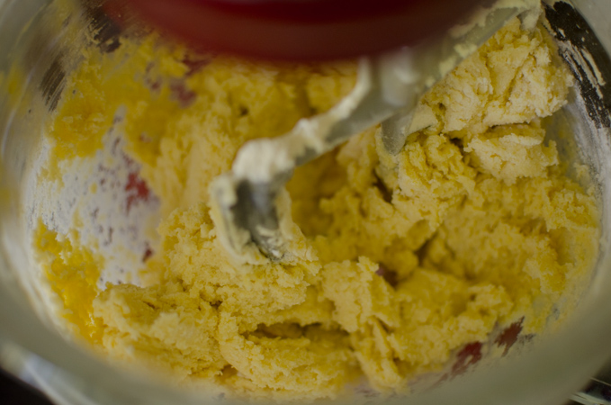 Mixing dry and wet ingredients.