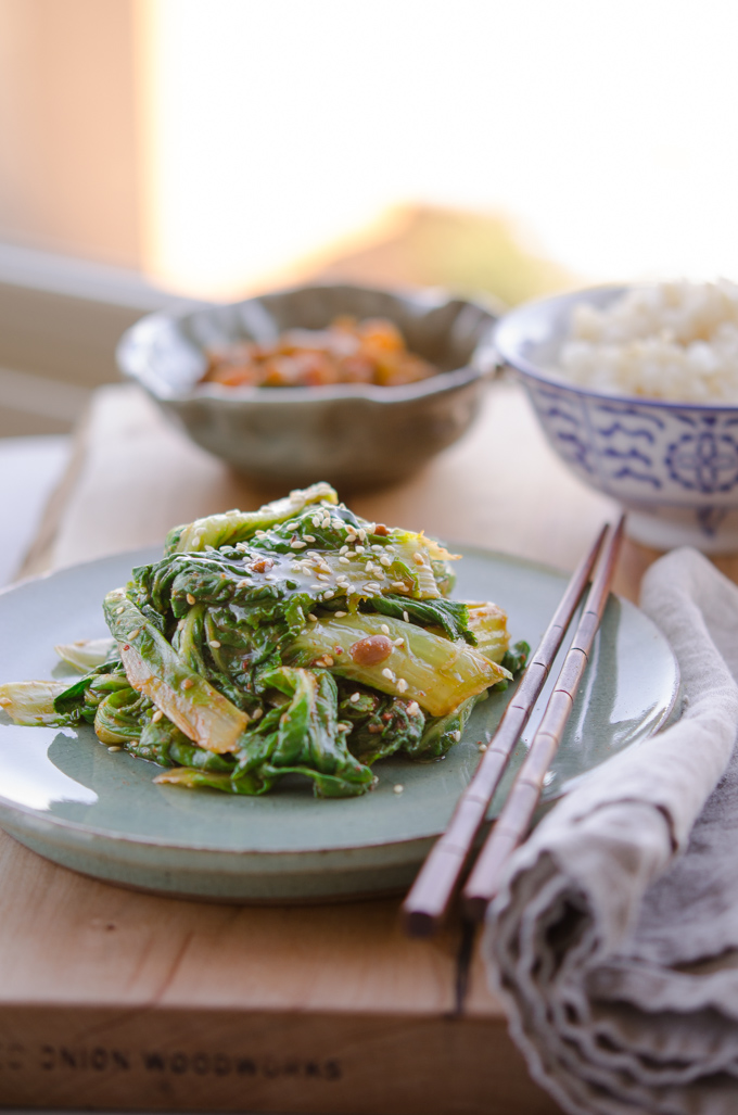 Korean cabbage tossed with Korean Soybean Paste serve as a vegan  side dish.