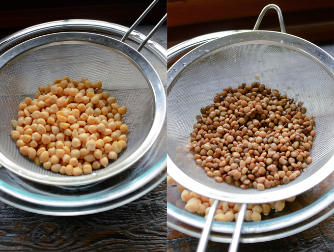 Chickpeas and lentil in strainers.