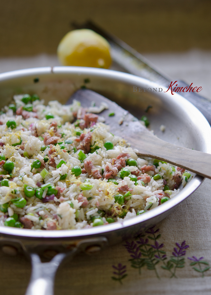 Sausage Lemon Rice is stir-fried in a skillet