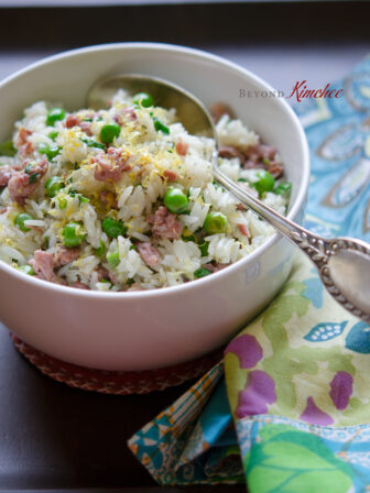 Sausage pea Lemon Rice is made with leftover rice