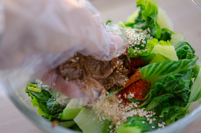 Smear Korean cabbage with soy bean paste seasoning.