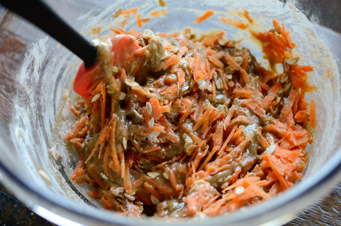 Shredded carrots are added to the oat carrot bread batter.
