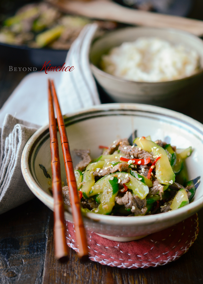 Tender beef and crunchy cucumber are stir-fried together to create a simple meal.