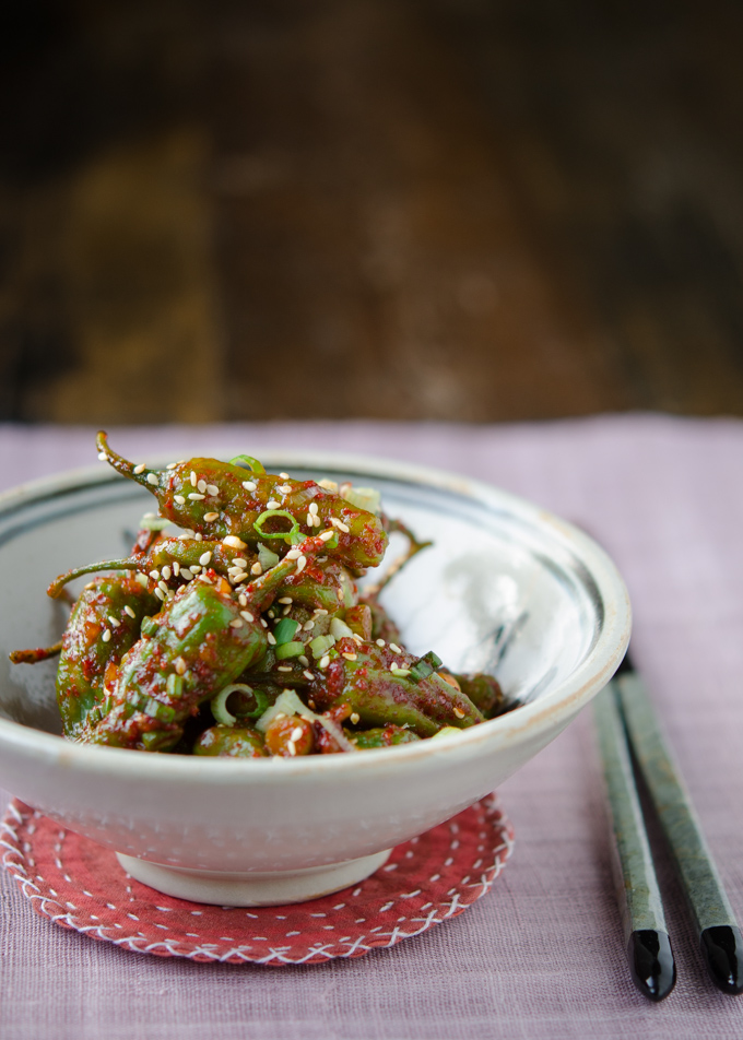 Korean shishito pepper recipe makes a quick Korean banchan to go with a Korean main dish.