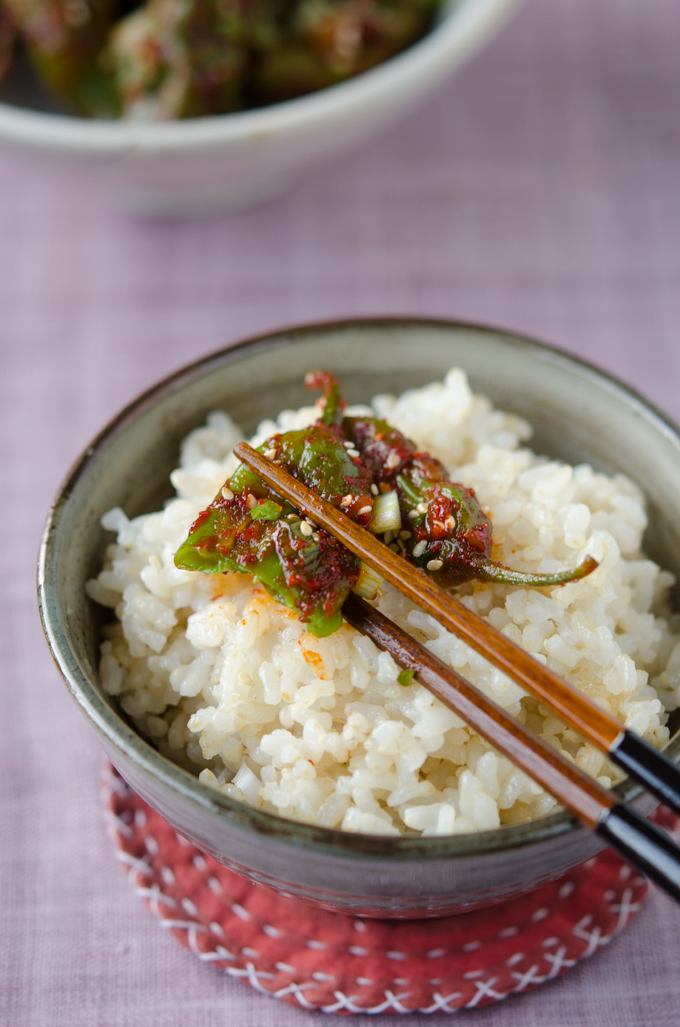 Korean style shishito pepper side dish is served over rice and a pair of chopsticks.