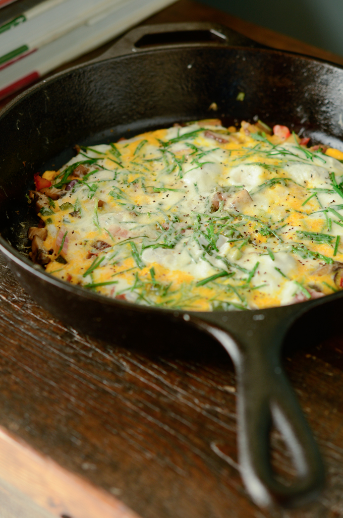 This savory egg and vegetable frittata breakfast is no-bake and cooked in an cast iron skillet