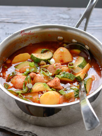 A canned tuna makes a delicious spicy Korean stew with potato and zucchini.