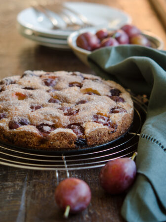 Simple plum cake is made with Italian prune plums.