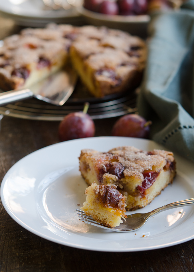 A slice of Italian plum torte is served 