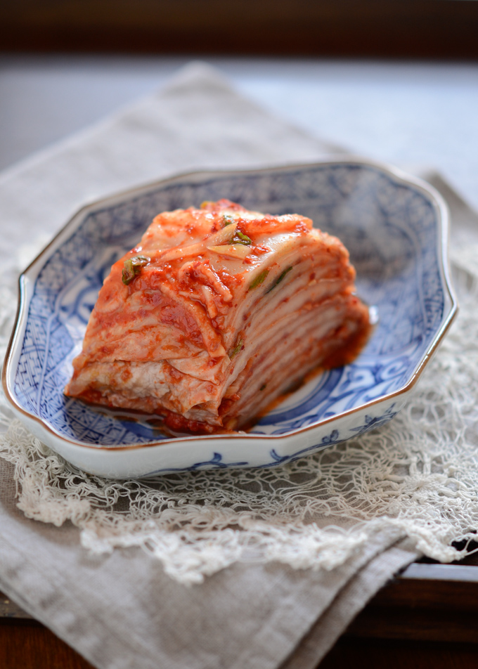 Cabbage Kimchi is beautifully sliced and presented.