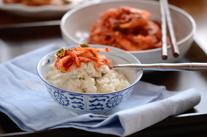 Freshly made cabbage Kimchi is served with rice