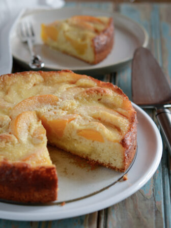 Moist German Peach Cake is made with canned peaches.