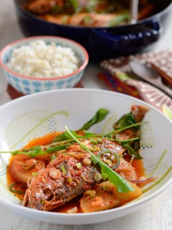This Korea spicy yellow croaker fish stew is made with the leftover kimchi paste.