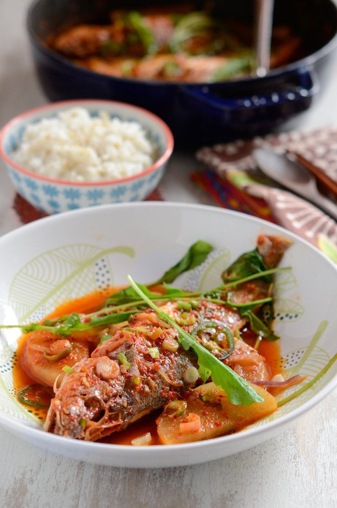 This Korea spicy yellow croaker fish stew is made with the leftover kimchi  paste.