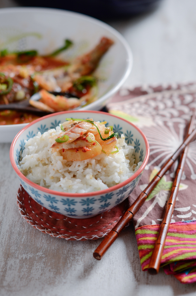 Korean spicy fish stew is served with rice.
