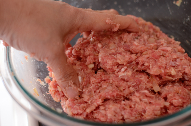 Mixture of ground beef and pork are combined to make Japanese hamburger steak.