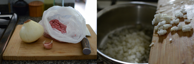 Image collection of ground beef, onion, and diced onion is being added to a pan.