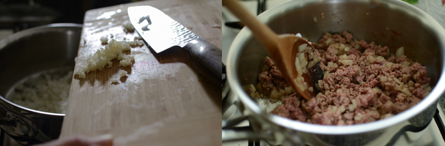 Image collection of minced garlic is being added to a pan, and ground beef is being browned.