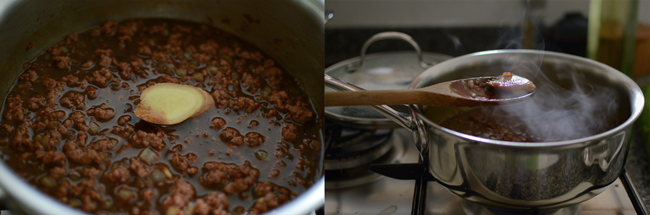 Image collection of ground beef sauce simmering and singer slice is added.