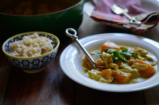 Chicken yellow curry served with rice.