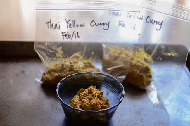 Leftover yellow curry paste in zip bags.