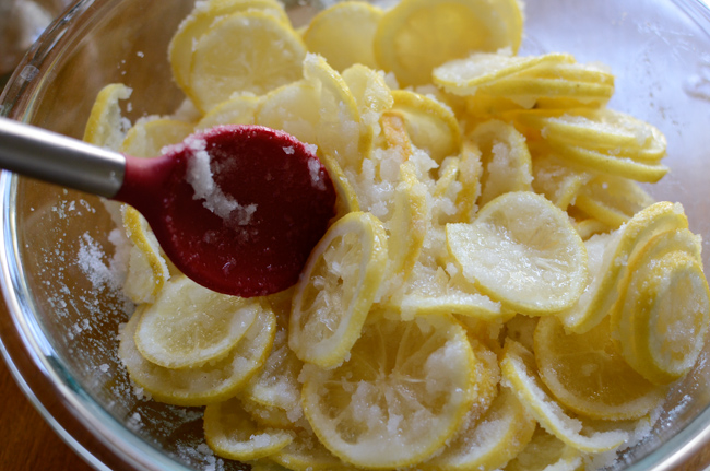 Lemon slices and sugar are mixing together with a spoon in a mixing bowl.