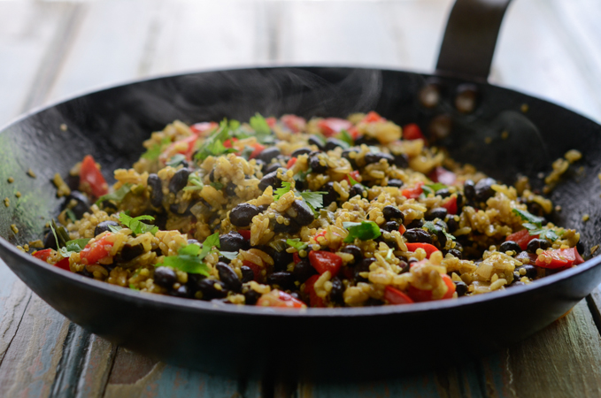 Black Bean quinoa curry rice in a skillet.