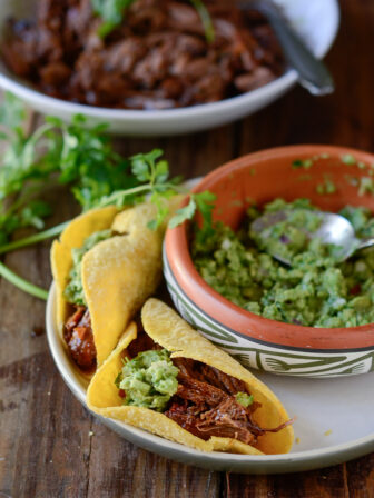 Mexican Shredded Beef makes great tacos with toritilla and guacamole.