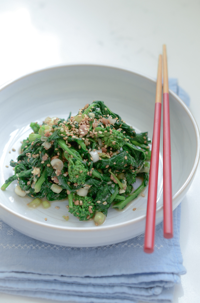Broccoli Rabe Salad tossed with Korean Soybean Paste is a vegan & vegetarian friendly.
