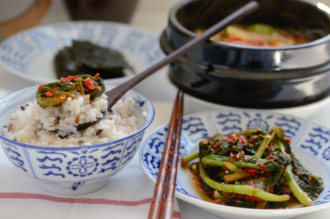 Serve turnip green kimchi with rice and soybean paste stew.