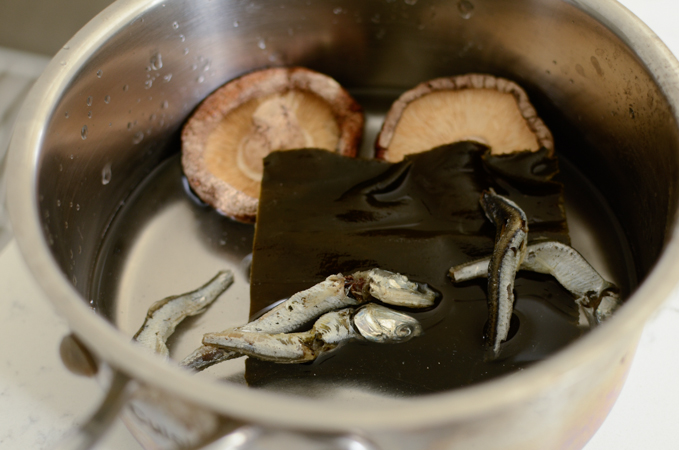 Anchovy, sea kelp, and shiitake mushroom are used to make kimchi stock.