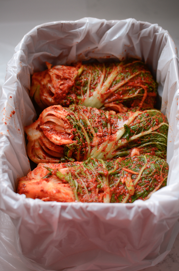Whole cabbage kimchi is stacked together and stored in a container lined with a plastic bag.