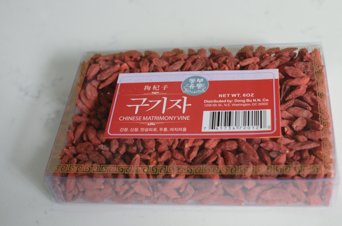 Dried gugija berries are shown in its plastic package